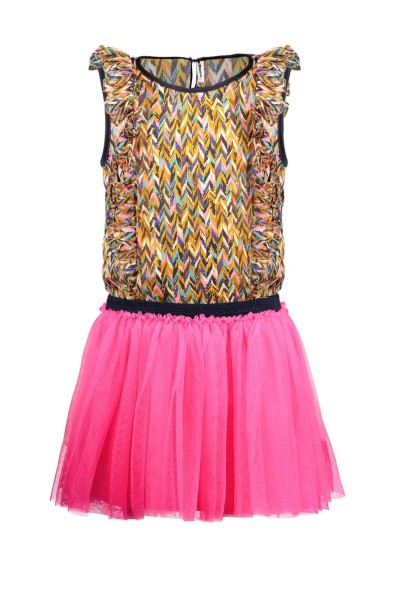 Girls dress with curious aop woven top and mesh skirt